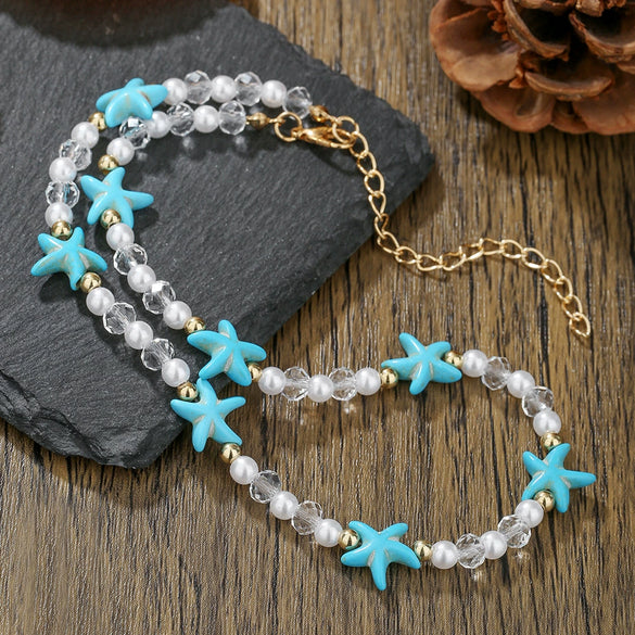 Necklace Bohemian Wind Turquoise Pine Stone Imitation Pearl Geometric Style Handmade Velvet Rope
