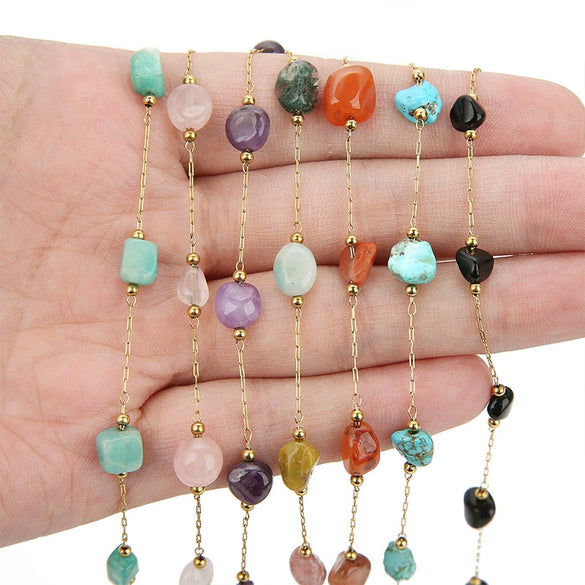 Necklace Chain Oval Natural Stone Stainless Steel Golden Bead Electroplating Handmade