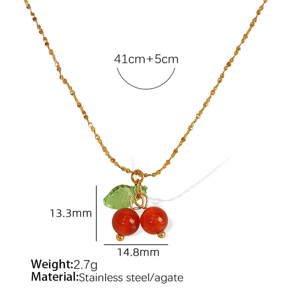 Necklace Cherry Fruit Red Chalcedony 316L Stainless Steel Electroplated Women's Fashion Ol Style
