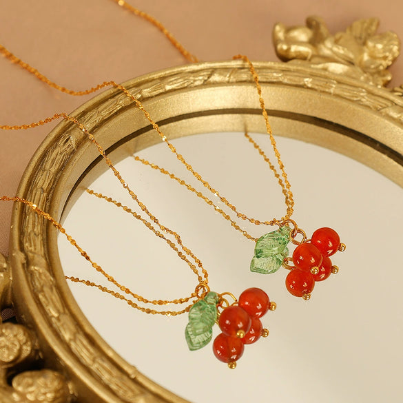 Necklace Cherry Fruit Red Chalcedony 316L Stainless Steel Electroplated Women's Fashion Ol Style