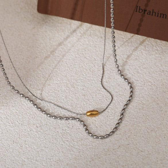 Necklace Clavicle Chain Stainless Steel Titanium Steel Doublelayer Contrasting Color Barrel Bead Electroplating