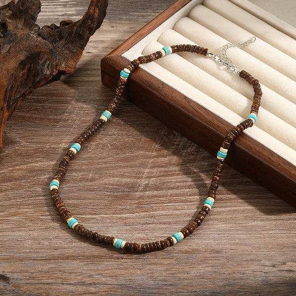 Necklace Coconut Shell Turquoise Handmade Geometric Style Unisex