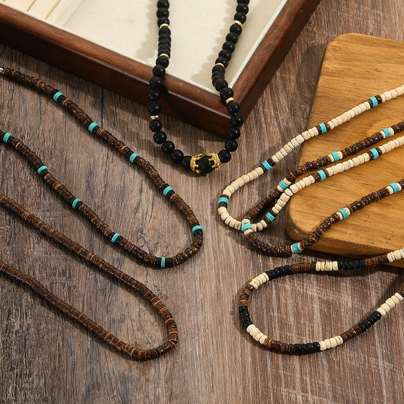 Necklace Coconut Shell Wooden Beads Turquoise Geometric Handmade Men's