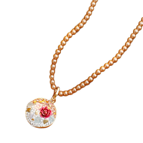 Necklace Copper Alloy Pearl Geometric Microinlaid Zircon Electroplating Rose Flower Oil Painting Ceramic Clay Threedimensional Woolen Chain For Women