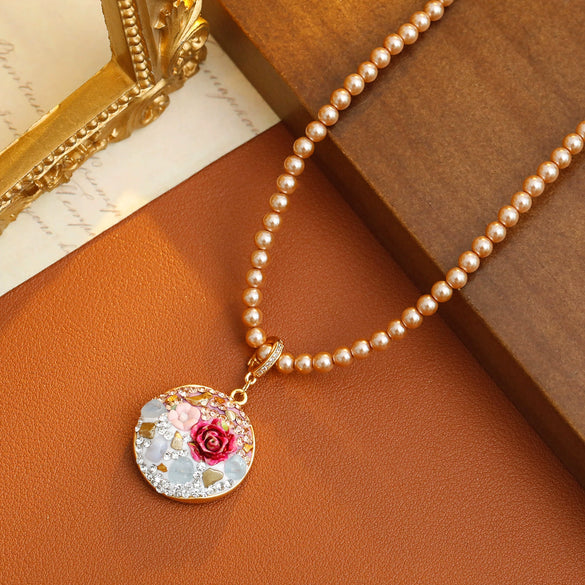 Necklace Copper Alloy Pearl Geometric Microinlaid Zircon Electroplating Rose Flower Oil Painting Ceramic Clay Threedimensional Woolen Chain For Women