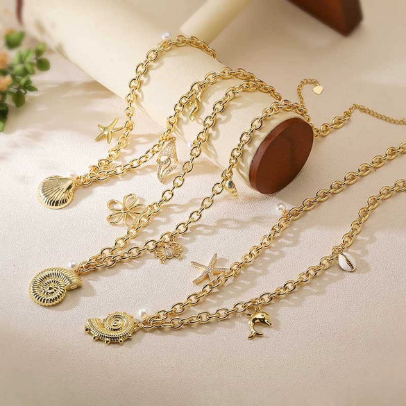 Necklace Copper Animal Zodiac Geometric Flower Style With Zirconia And Rectangular Chain