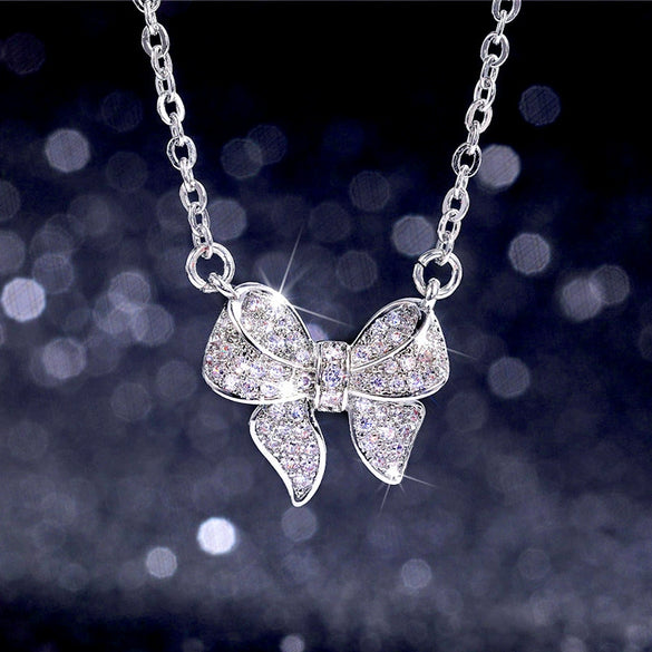 Necklace Copper Bow Zircon Mixed Gem Inlay Box Chain