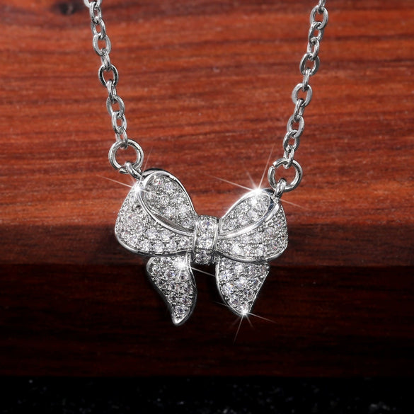 Necklace Copper Bow Zircon Mixed Gem Inlay Box Chain