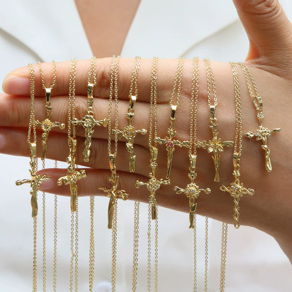 Necklace Copper Brass Plated December Flower Cross O Word Chain Pendant For Women
