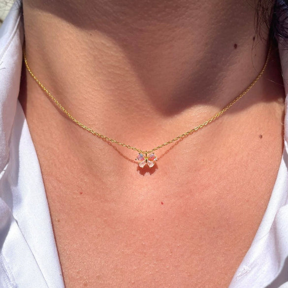 Necklace Copper Brass Real Gold Plating Inlaid Zircon Cat's Eye Butterfly Bow Tie Pendant Light Luxury Style Women's