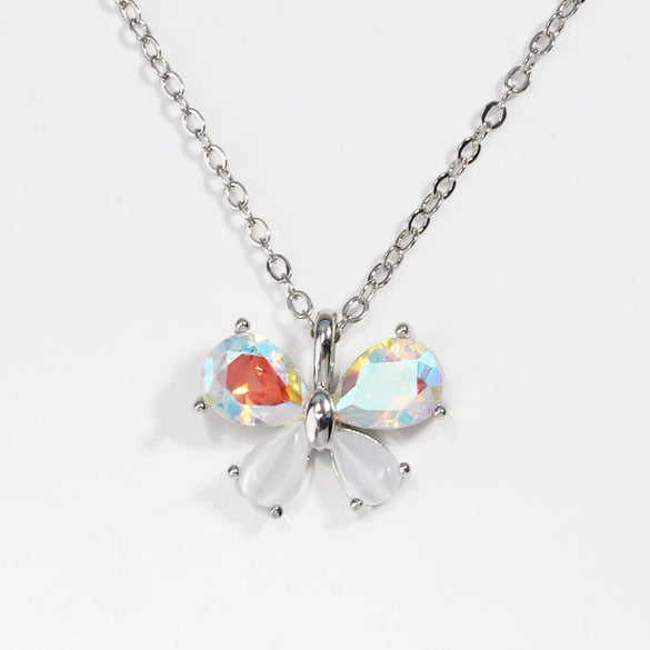 Necklace Copper Brass Real Gold Plating Inlaid Zircon Cat's Eye Butterfly Bow Tie Pendant Light Luxury Style Women's