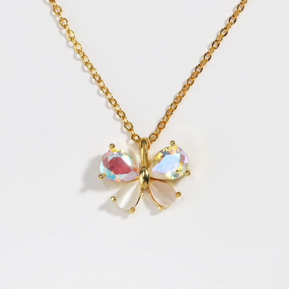 Necklace Copper Brass Real Gold Plating Inlaid Zircon Cat's Eye Butterfly Bow Tie Pendant Light Luxury Style Women's