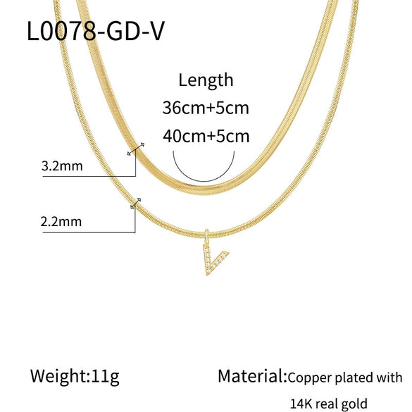 Necklace Copper Electroplated Double Layer Stacked Snake Bone Chain Letter Pattern Women