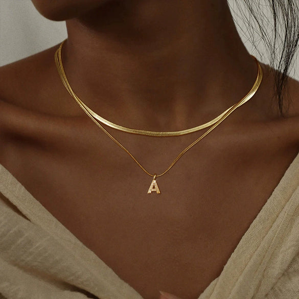 Necklace Copper Electroplated Double Layer Stacked Snake Bone Chain Letter Pattern Women