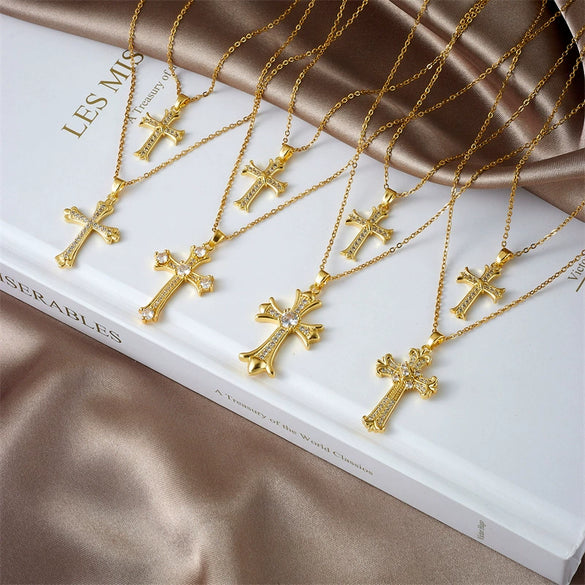Necklace Copper Geometric Double Cross Pendant Mixed Gem Inlay Electroplating For Women