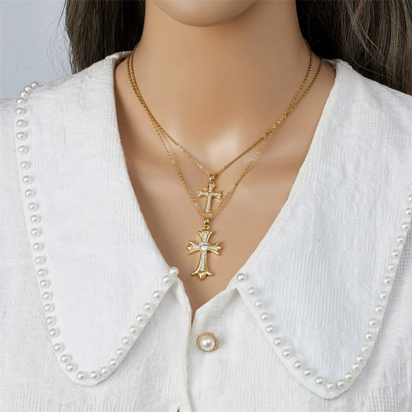 Necklace Copper Geometric Double Cross Pendant Mixed Gem Inlay Electroplating For Women
