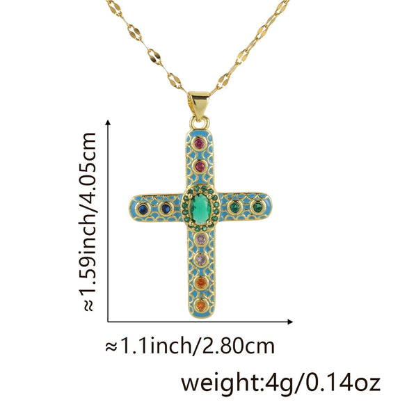 Necklace Copper Gold Plated Micro Inlay Color Zircon Geometric Cross Pendant Creative Fashion
