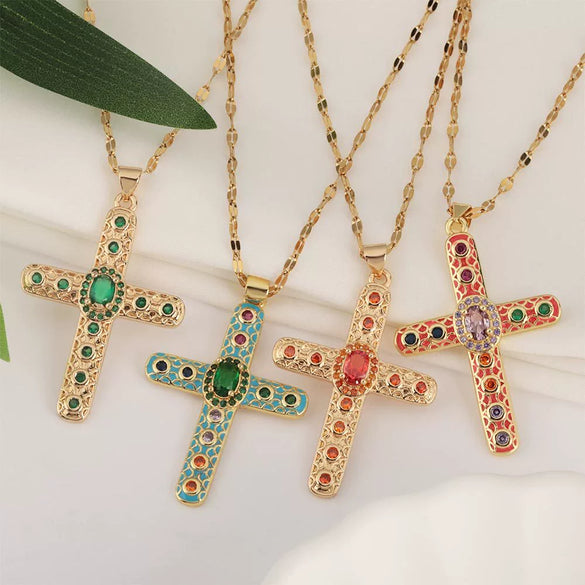 Necklace Copper Gold Plated Micro Inlay Color Zircon Geometric Cross Pendant Creative Fashion