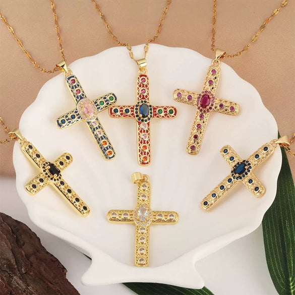 Necklace Copper Gold Plated Micro Inlay Color Zircon Geometric Cross Pendant Creative Fashion