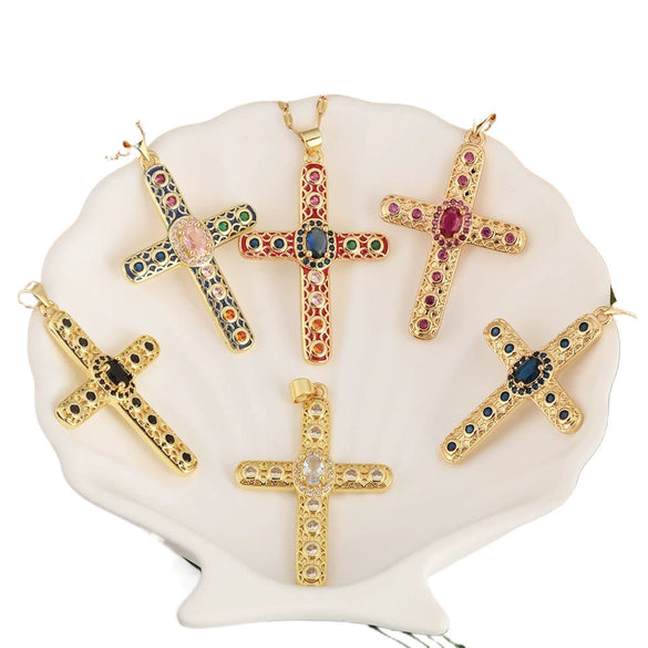 Necklace Copper Gold Plated Micro Inlay Color Zircon Geometric Cross Pendant Creative Fashion