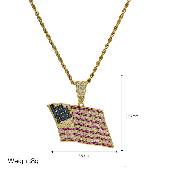 Necklace Copper Hiphop Ins Style American Independence Day Flag Inlaid With Zirconium Twist Chain Electroplating