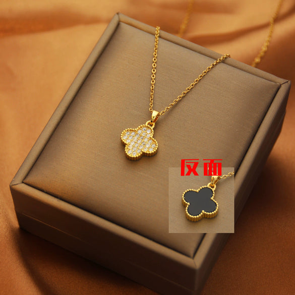Necklace Copper Inlaid Zircon Four Leaf Clover Pendant With Titanium Steel Chain Electroplating Design For Women