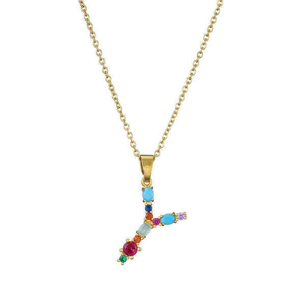 Necklace Copper Mixed Gem Inlaid English Letter Ochain Color Retention Electroplating Unisex