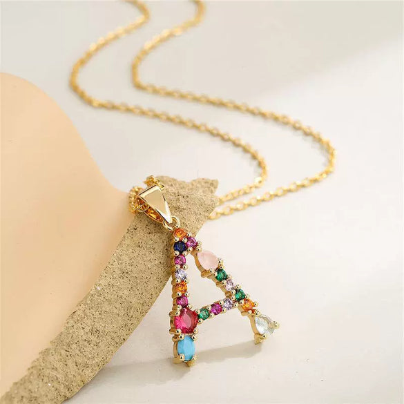 Necklace Copper Mixed Gem Inlaid English Letter Ochain Color Retention Electroplating Unisex