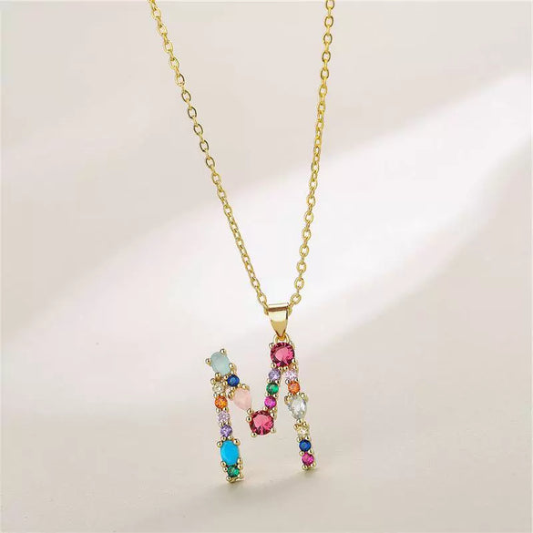 Necklace Copper Mixed Gem Inlaid English Letter Ochain Color Retention Electroplating Unisex