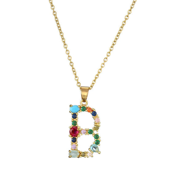 Necklace Copper Mixed Gem Inlaid English Letter Ochain Color Retention Electroplating Unisex