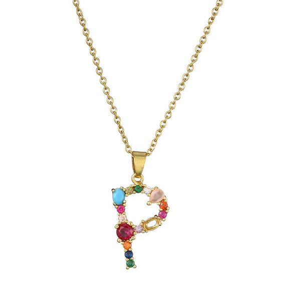 Necklace Copper Mixed Gem Inlaid English Letter Ochain Color Retention Electroplating Unisex