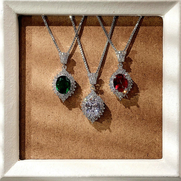 Necklace Copper Mixed Gem Inlay Geometric Retro Elegant Emerald Zircon Box Chain