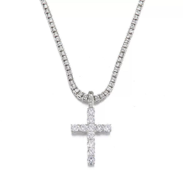Necklace Copper Mixed Gemstone Inlay Hiphop Style Twist Chain Cross Pendant
