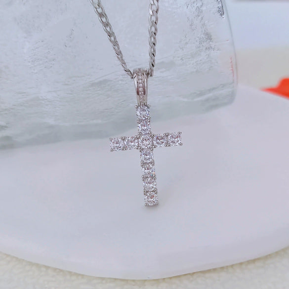 Necklace Copper Mixed Gemstone Inlay Hiphop Style Twist Chain Cross Pendant