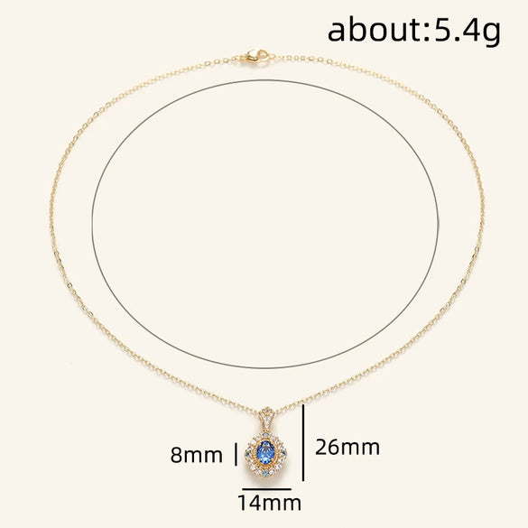 Necklace Copper Mixed Gemstone Inlay Zirconia Oval Imitation Sapphire Pendant Light Luxury Geometric Style