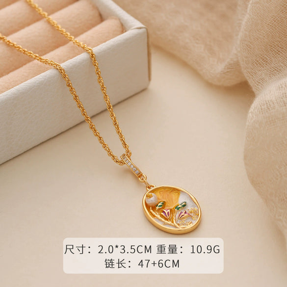 Necklace Copper Plated With Real Gold Freshwater Pearls Geometric Flower Leaf Pattern Electroplating Light Luxury Niche Clavicle Chain For Women French Retro Style