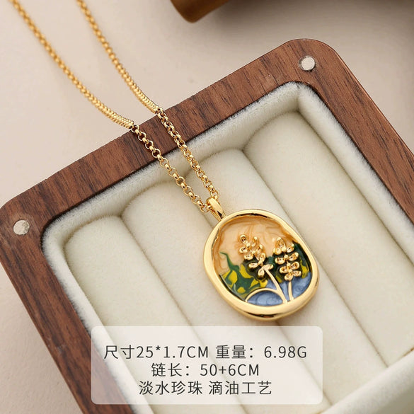 Necklace Copper Plated With Real Gold Freshwater Pearls Geometric Flower Leaf Pattern Electroplating Light Luxury Niche Clavicle Chain For Women French Retro Style