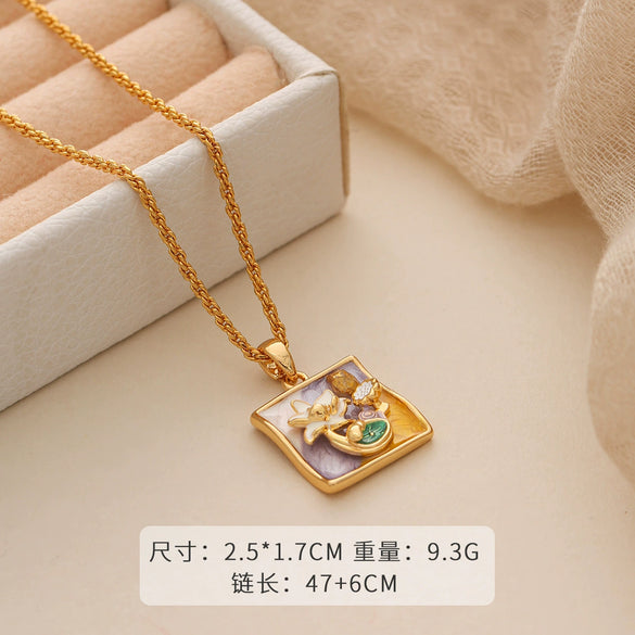 Necklace Copper Plated With Real Gold Freshwater Pearls Geometric Flower Leaf Pattern Electroplating Light Luxury Niche Clavicle Chain For Women French Retro Style