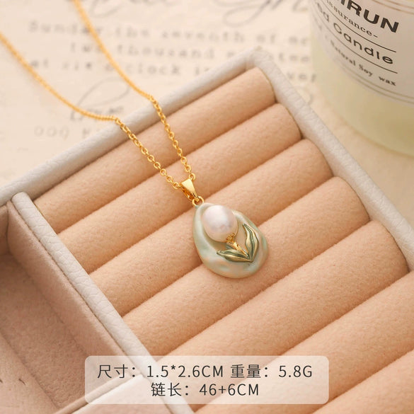 Necklace Copper Plated With Real Gold Freshwater Pearls Geometric Flower Leaf Pattern Electroplating Light Luxury Niche Clavicle Chain For Women French Retro Style