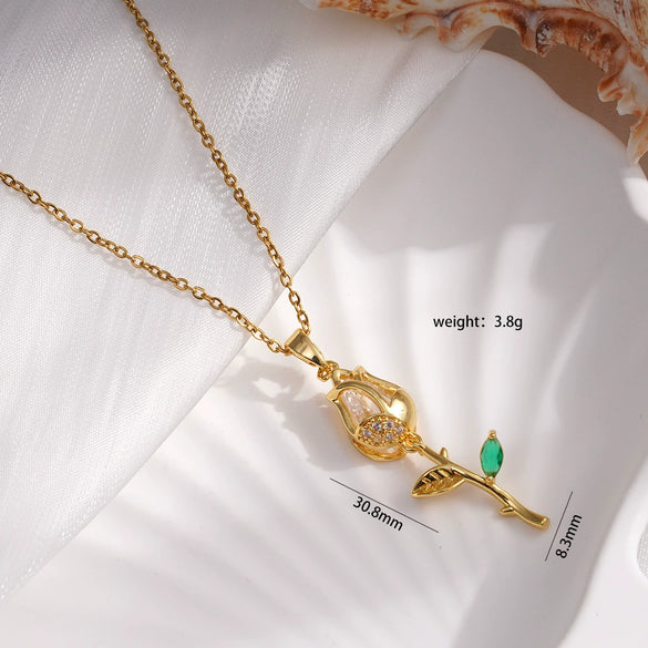 Necklace Copper Titanium Steel Gold Plated Cat's Eye Tulip Design With Flower Leaf Pattern Mixed Gem Inlay For Women