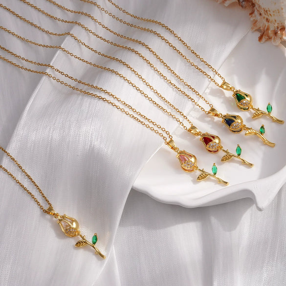 Necklace Copper Titanium Steel Gold Plated Cat's Eye Tulip Design With Flower Leaf Pattern Mixed Gem Inlay For Women