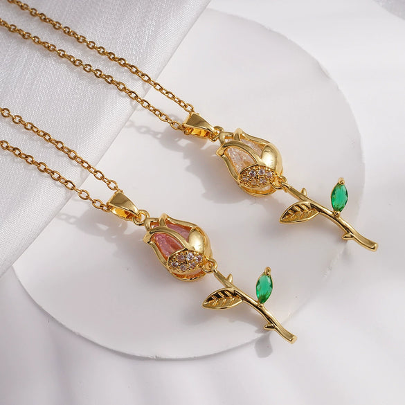 Necklace Copper Titanium Steel Gold Plated Cat's Eye Tulip Design With Flower Leaf Pattern Mixed Gem Inlay For Women