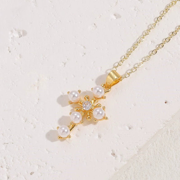 Necklace Copper Zircon Pearl Cross Geometric Electroplating Ochain Pendant