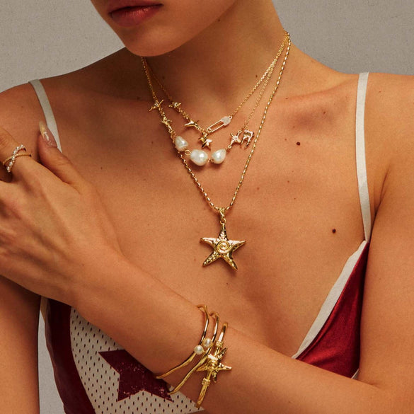 Necklace Double Irregular Paper Clip Pearl Light Zircon Geometric Copper Titanium Steel Electroplated