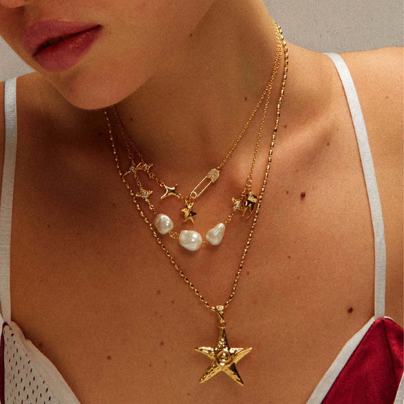 Necklace Double Irregular Paper Clip Pearl Light Zircon Geometric Copper Titanium Steel Electroplated