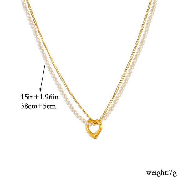 Necklace Double Layer Chain Gold Plated Stainless Steel Pearl Love Fashion Accessories