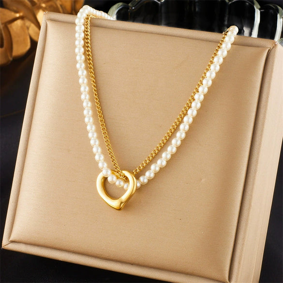 Necklace Double Layer Chain Gold Plated Stainless Steel Pearl Love Fashion Accessories
