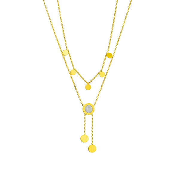 Necklace Doublelayer Roman Round Shell Tassel Titanium Steel Electroplated