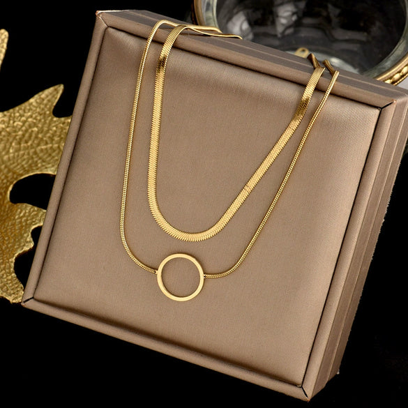 Necklace Doublelayer Snake Chain Hollow Titanium Steel Circle Pendant Geometric Electroplating