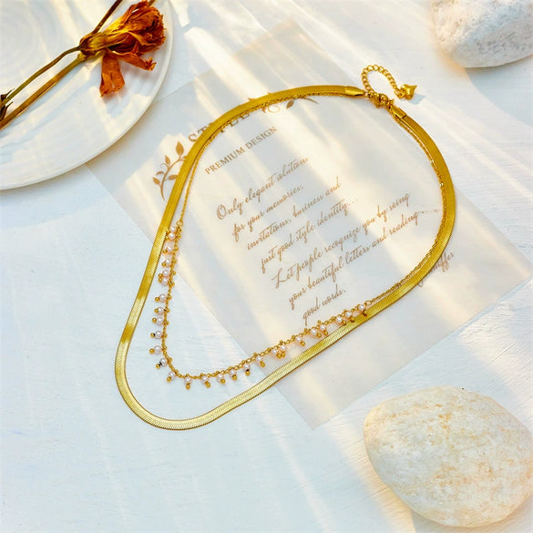 Necklace Doublelayer Stacked Chain Pearl Stainless Steel Jewelry Retro Clavicle Chain Electroplating For Women